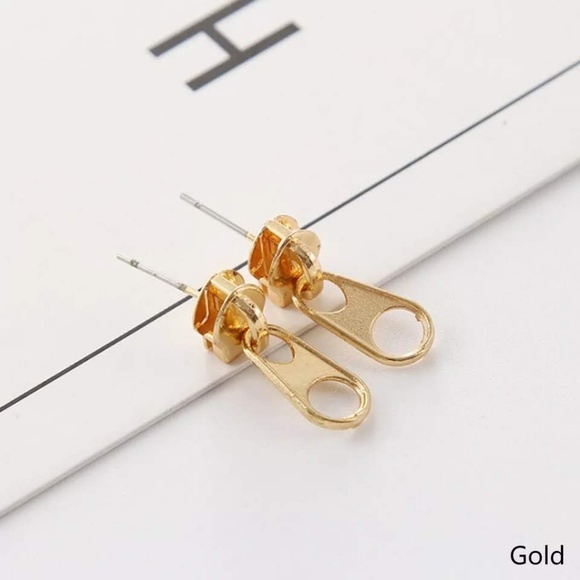 Gold-Tone '80s-Style Punk Metal Rocker Zipper Stud Earrings - Brand-New! 🤘✨ - Picture 9 of 13